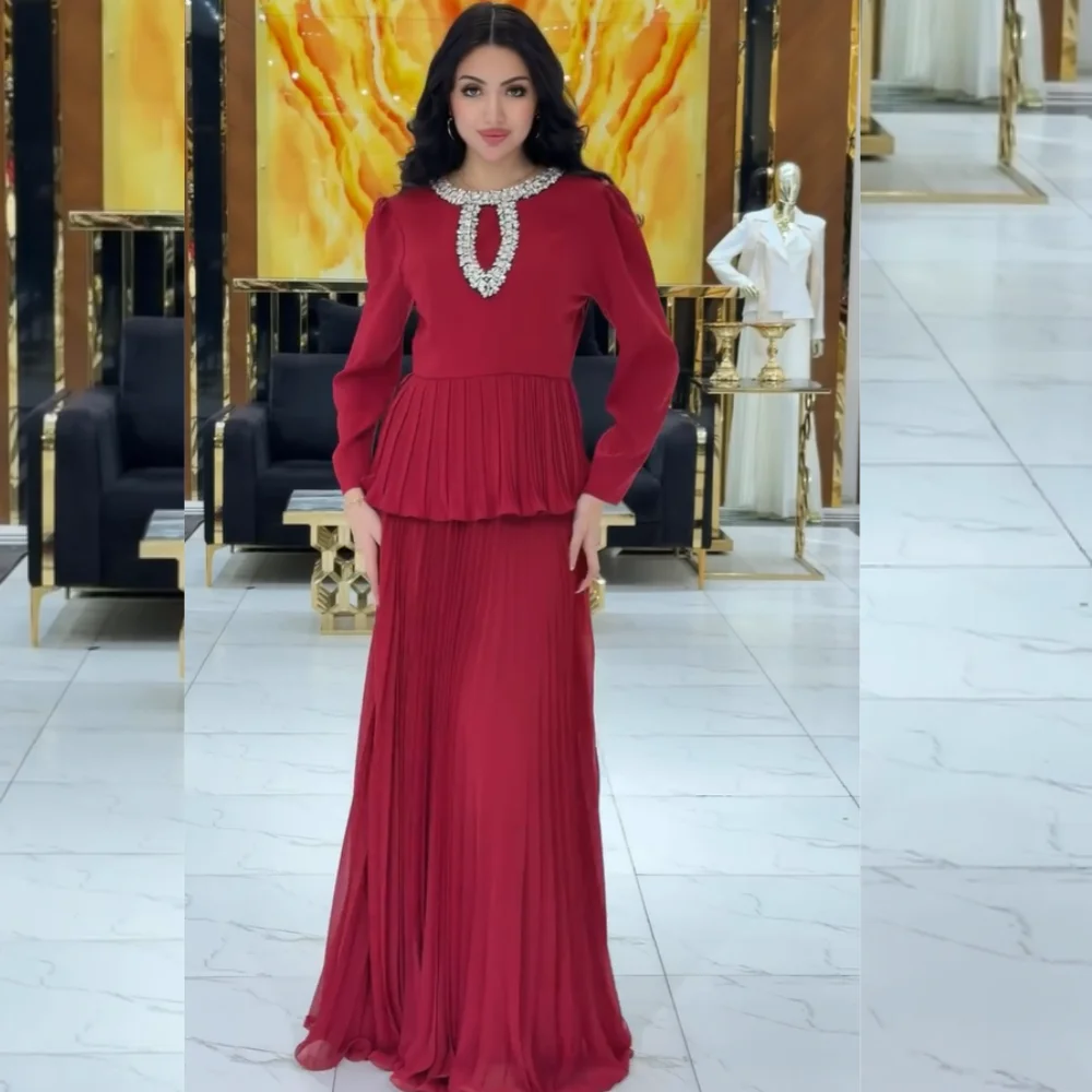 Personalizado formal chiffon plissado lantejoulas padrão a linha o-pescoço vestidos longos sob medida ocasião requintado brilho