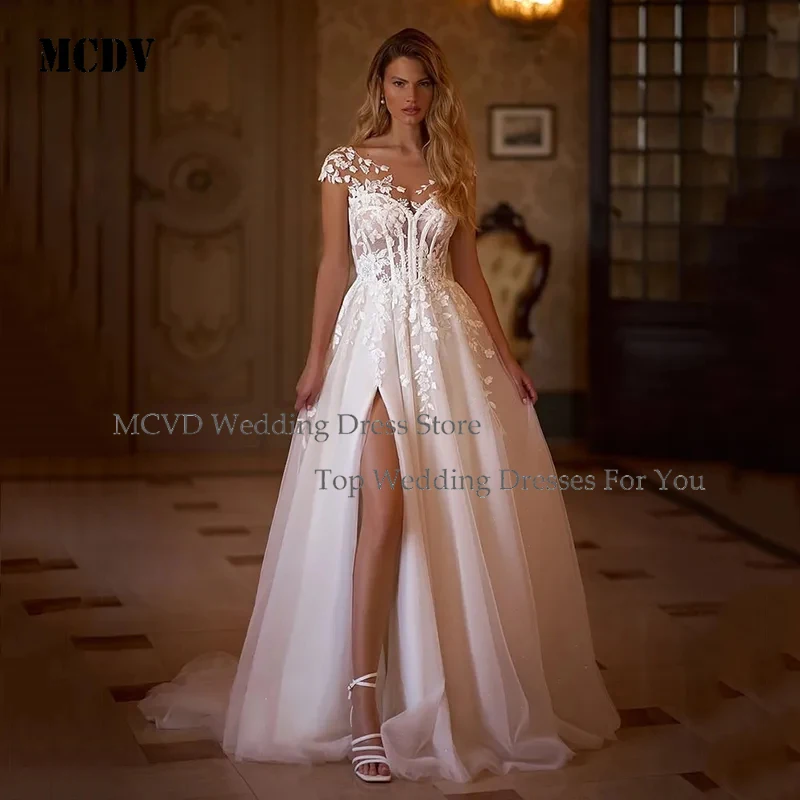 

MCDV Customized Elegant A Line Boho Wedding Dress 2025 Cap Sleeve Lace Floral Bridal Gown Off Shoulder High Slit Beach