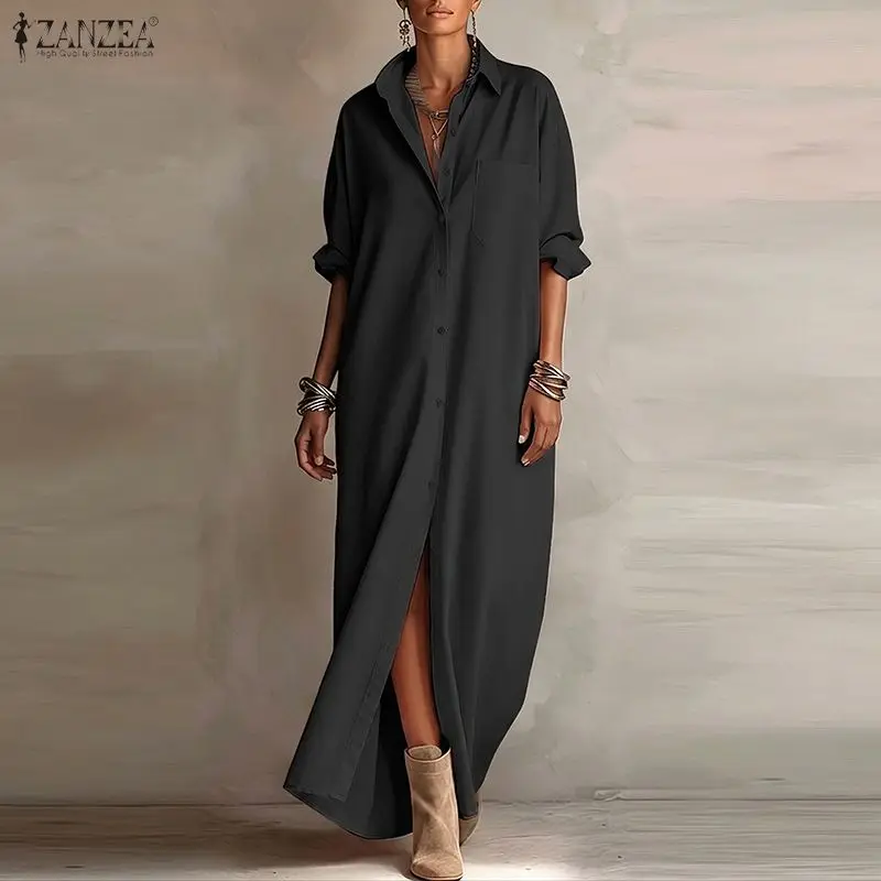 ZANZEA Stylish Autumn Lapel Neck Long Sleeve Shirt Dress Women Maxi Long Dress OL Style Casual Solid Color Buttons Up Robe Femme