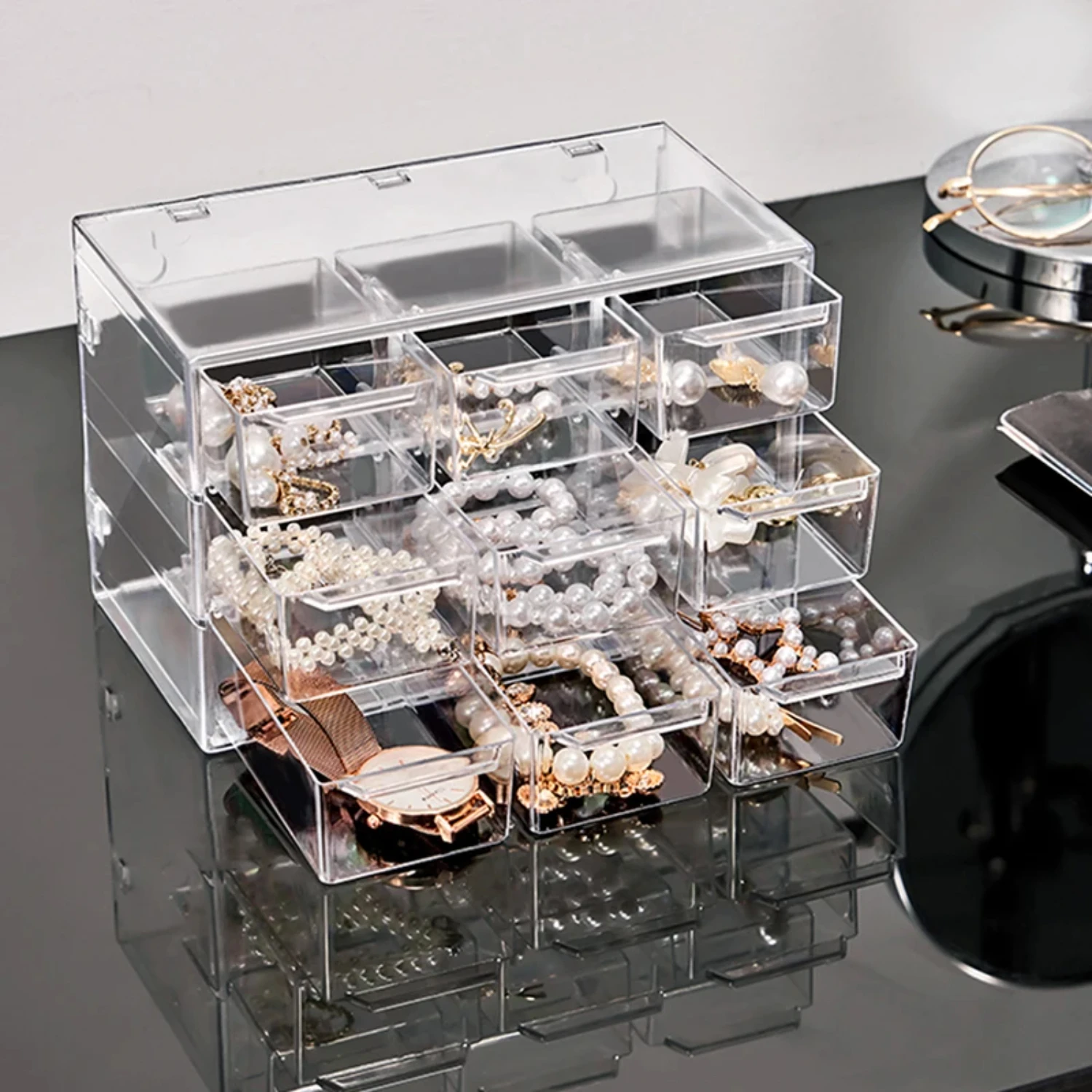 nizer Transparent Jewelry Box Desktop Organizer with Drawer, Stackable Shelf for Hair Accessories and Stationary Makeup stand