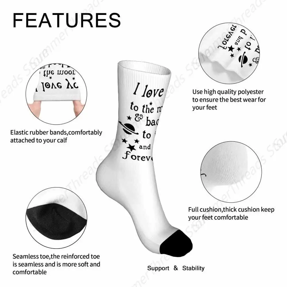 Носки I Love You to the Moon Back Athletic Crew Socks Цитаты Ручная работа Буква Doddle Design Space Planet Stars для мужчин и женщин16'