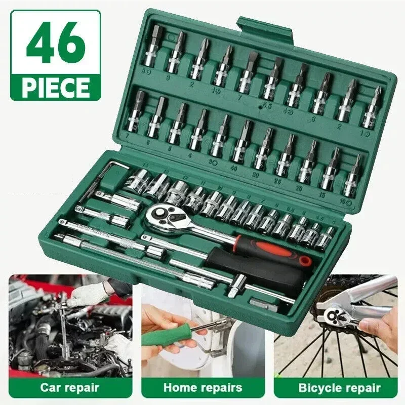 46pc Drive Socket Set 1/4 Inch Ratchet Wrench Set with Sockets Metric Hex Bit Socket Set Mechanic Tool Kits for Auto Repair Hous
