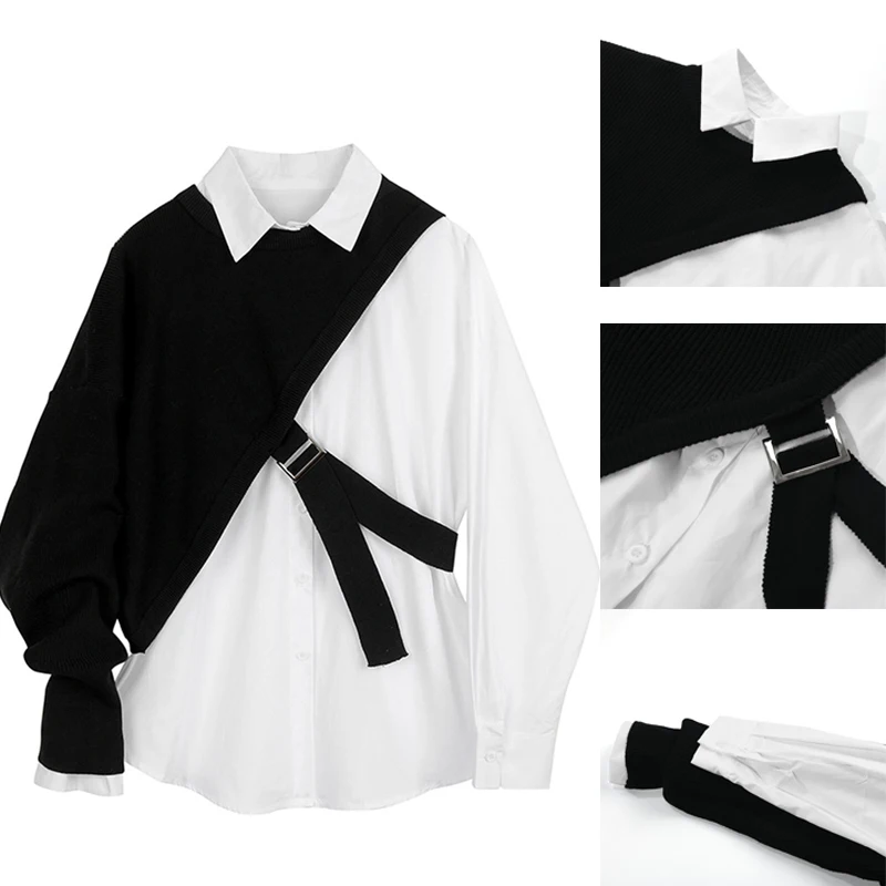 

New Women White Knitting Vest Split Shirts Fashion Lapel Long Sleeve Loose Fit Blouse Female Spring Autumn Hip Hop Streetwear