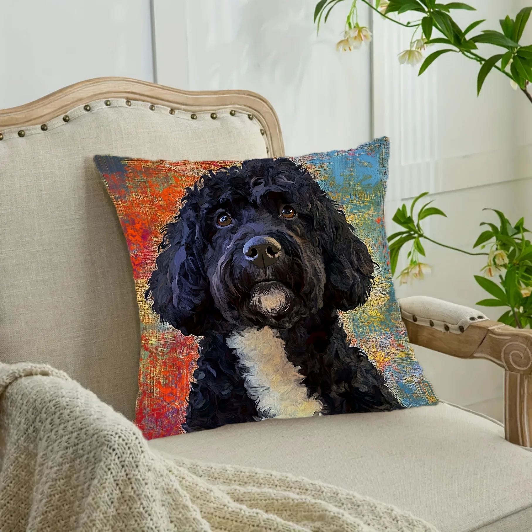Black Dog Poodle Cushion Pillowcase Throw Pillow Pet Portrait Gift Decor Home Decor Canvas Art 40x40cm Dog Mom Pet Lover Gift
