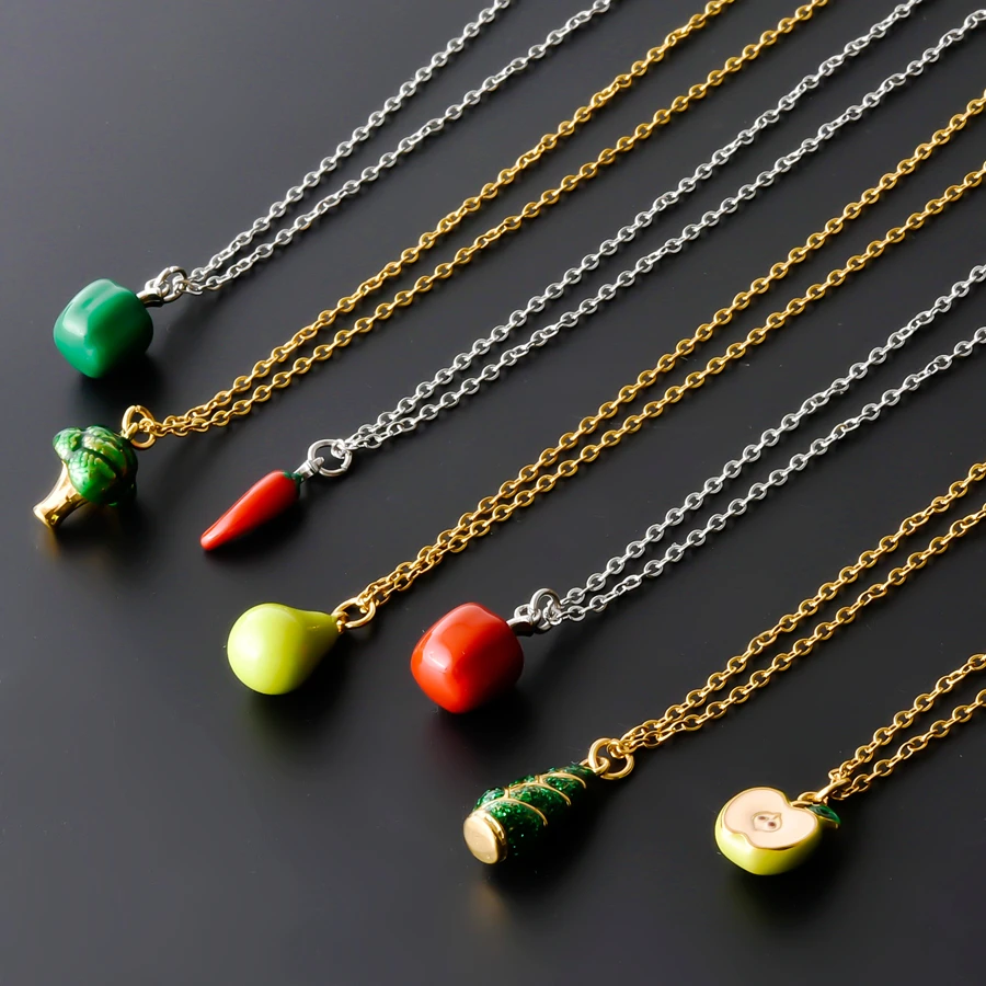 Vegetables Fruits 3D Simulate Stainless Steel Drip Oil Cabbage Grapes Chili Peppers Avocado Apple Pear Necklace for Women Men