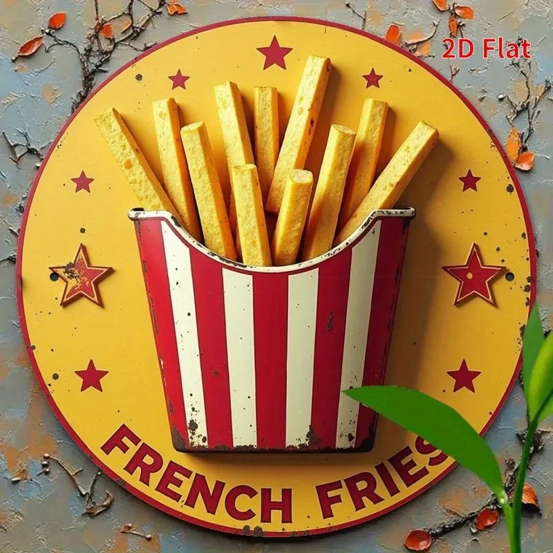 2D Flat, 1-Piece Vintage French Fries Metal Wall Art Sign - Vintage Iron Art, 7.8x7.8inch , Durable Wall Hanging Decoration Suitable for Gardens and Bedrooms.