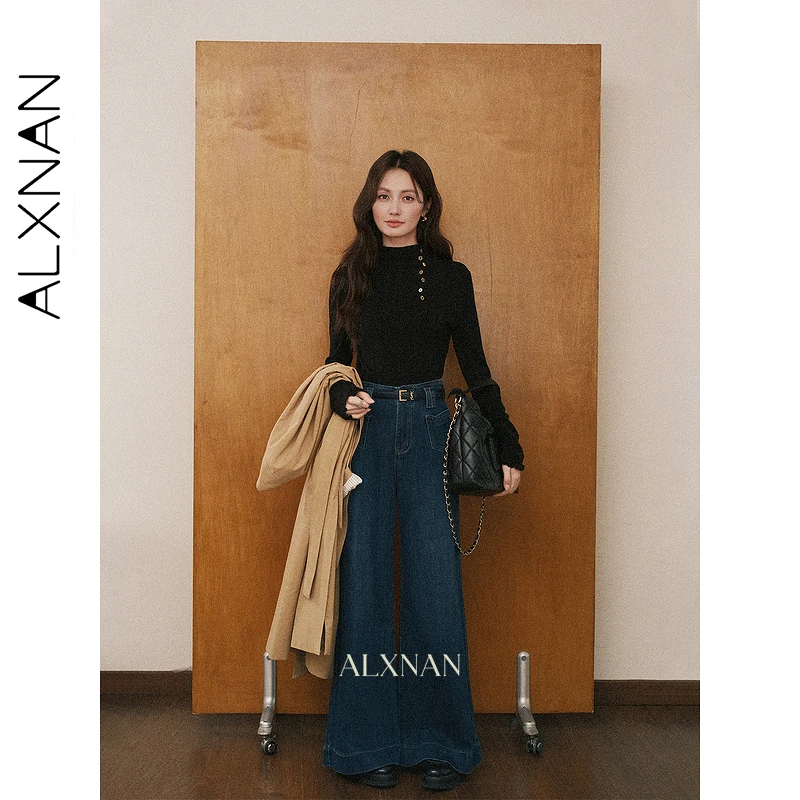 ALXNAN T-shirt a maniche lunghe da donna 2025 Nuovo autunno Fodera interna Dolcevita Decorazione bottoni Slim Pullover versatile L57528-1