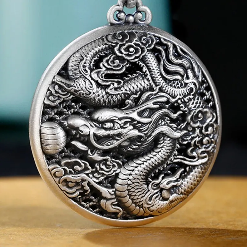 BOCAI S999 Sterling Silver Pendants for Women Men Filigree Dragon Playing With beads Round Card Amulet Jewelry Wholesale