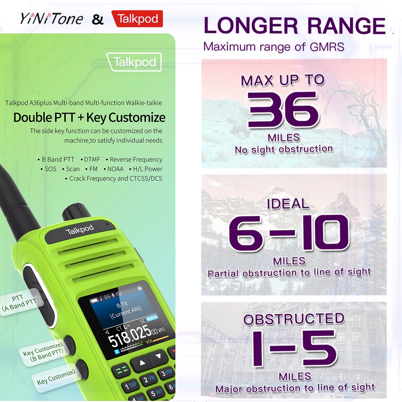 Green A36plus Transceivers UHF/VHF/AM/FM Multi-Band Portable Multi-Function with Color Display Type-C Waterproof Two Way Radio