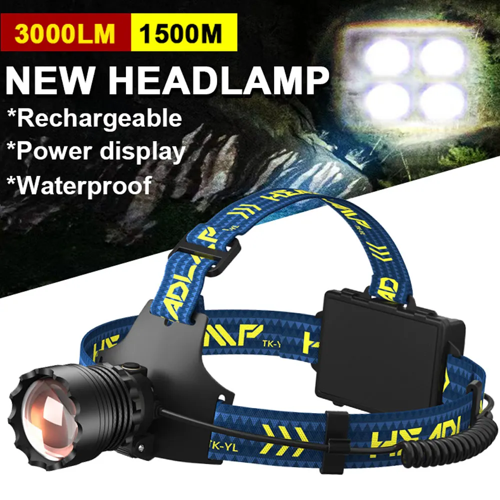 

Налобный фонарь LED 1500 м, 4-ядерный, дальнобойный, перезаряжаемый через USB, водонепроницаемый, для кемпинга, рыбалки, на аккумуляторе 18650