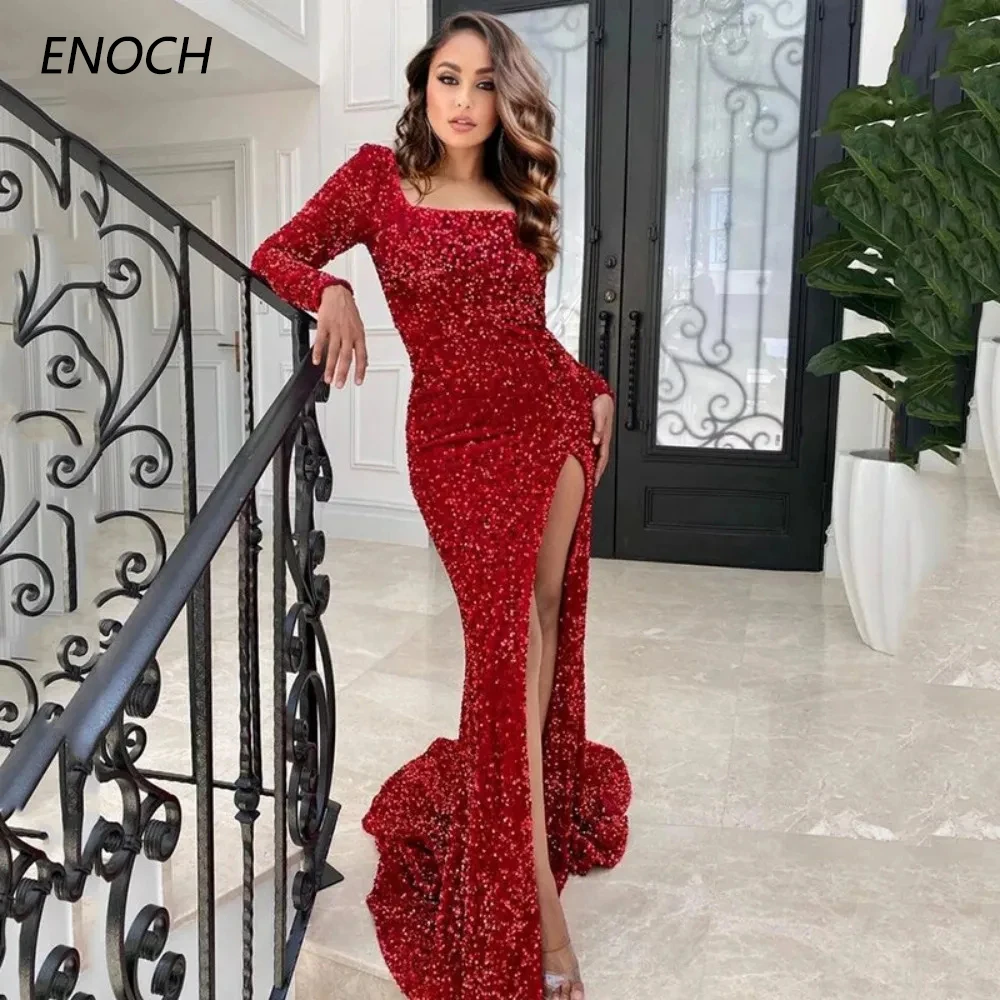 ENOCH Sequined Mermaid Prom Dresses Square Collar Long Sleeves Backless Shiny Zipper Party Gown Floor Length Robes De Soirée New