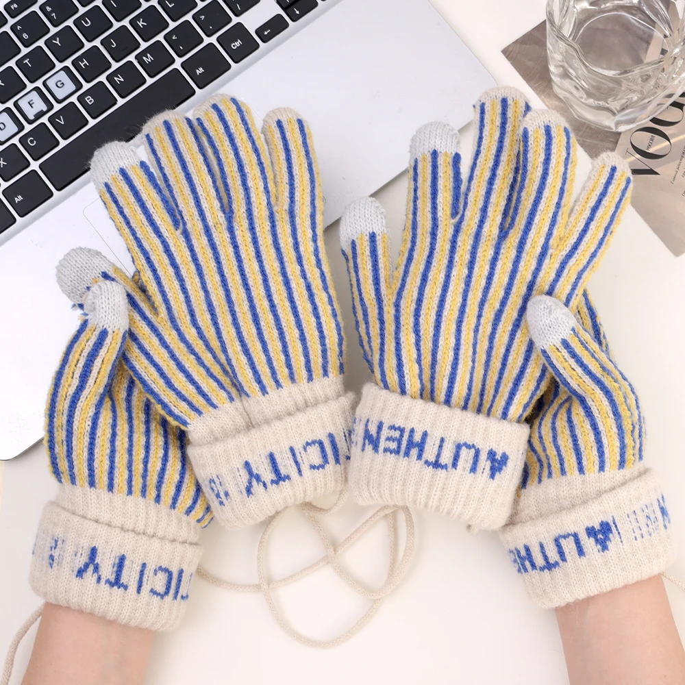 

Blue Yellow Striped Gloves Women Winter Plush Wool Thick New Retro Five Finger String Hanging Neck Mitts Cold-proof Warmer Kit