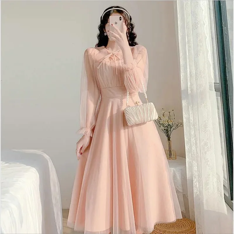 

Fairy Mesh Dress Pink Solid New French Fashion A-LINE Mid-Calf Flare Sleeve Spring and Summer Slim Fit Vestidos De Mujer