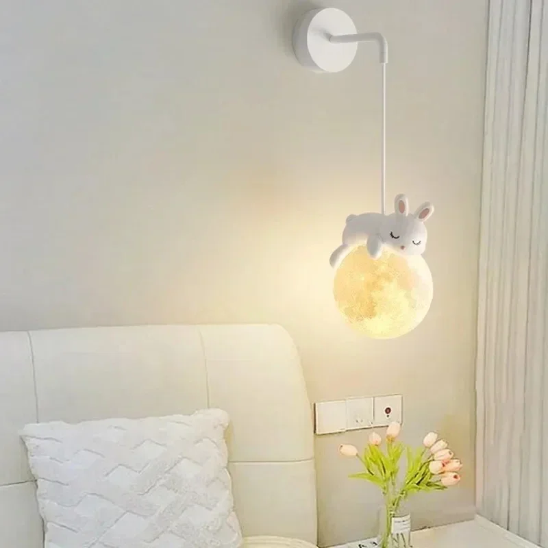 Cute Rabbit Wall Lamp Moon Astronaut Lights for Bedroom Children's Room Resin Sconce Indoor Decorative Atmosphere LED Lighting