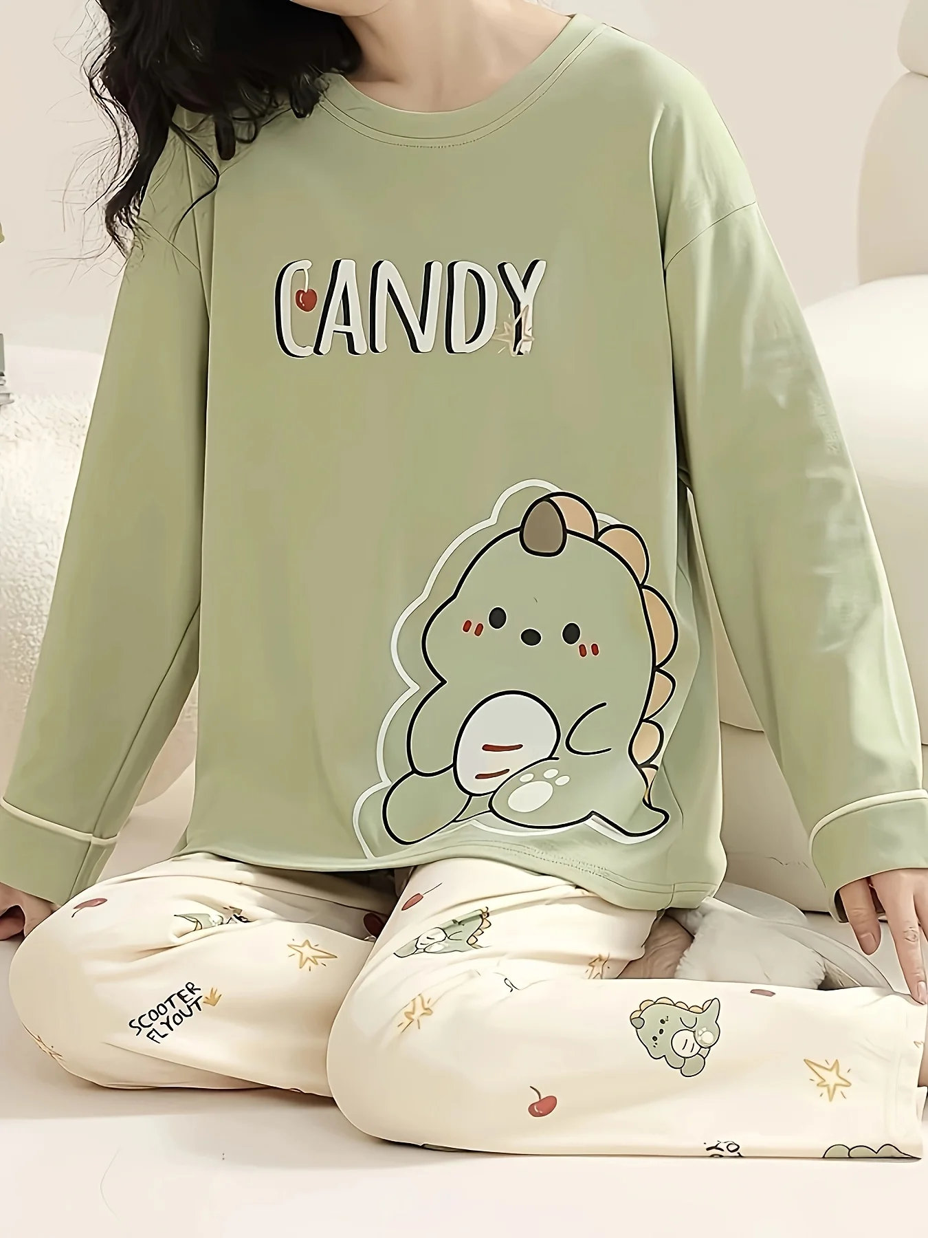 Autumn/Winter Women's Pajama Set - Dinosaur-Printed Pajamas with Fresh Green Top + Cartoon All-Over Print Pants, Adorable Girly