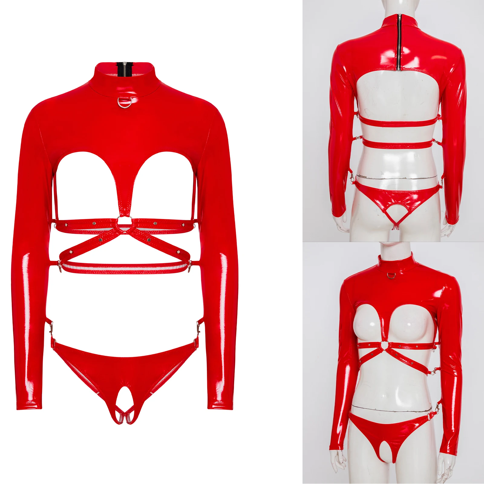 

Women Glossy PU Leather Bodysuit Lingerie O-ring Clasps Linked Long Sleeve Hollow Out Cup Open Crotch Leotard Tempting Nightwear