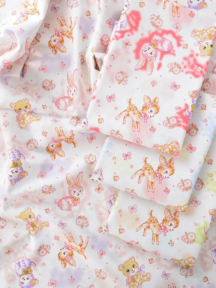 Rabbit Cat Pure Cotton Fabric Handmade DIY Clothing Cute Cartoon Showa Style Small Animal by Half Meter