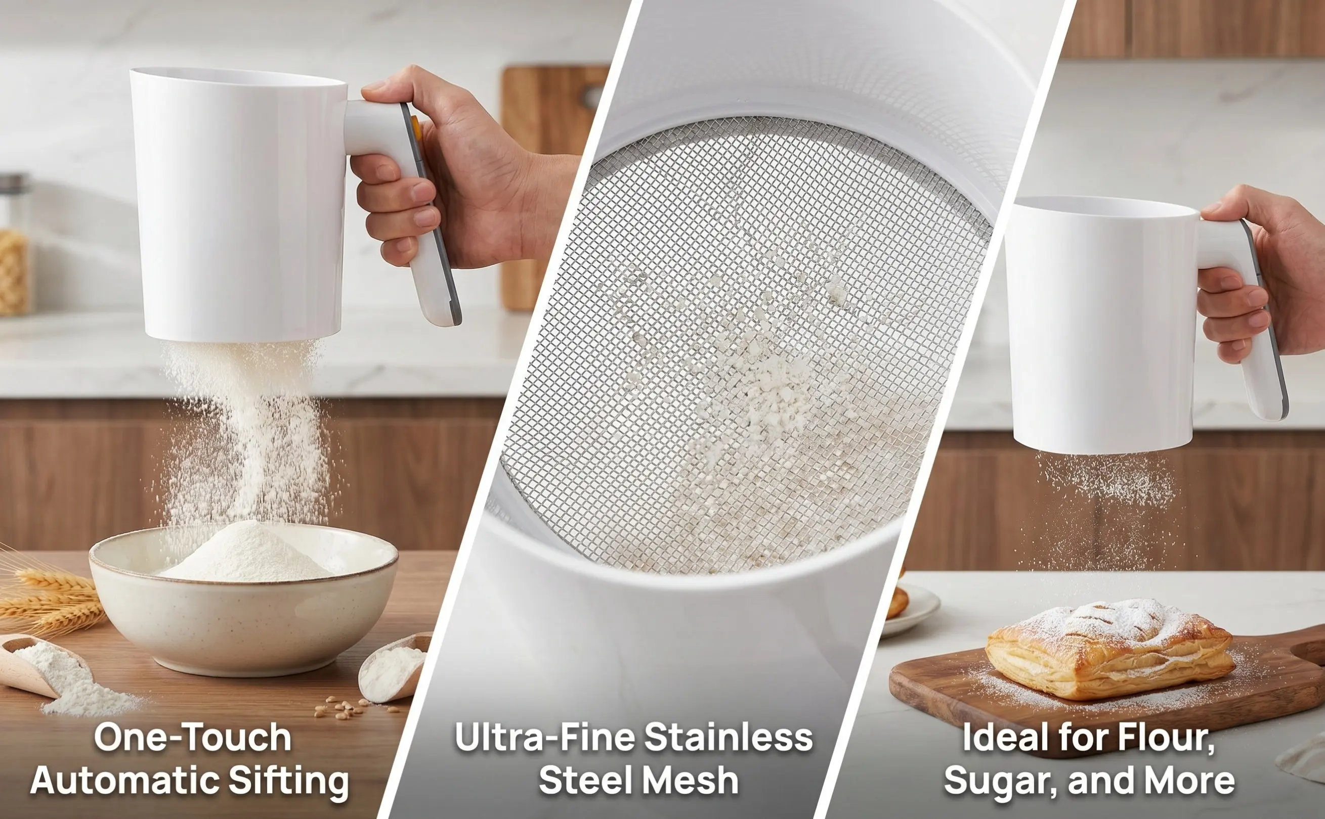 Portable Electric Automatic Flour Sifter Handheld Powder Baking Sugar Cocoa Starch Kitchen Strainer ABS Steel