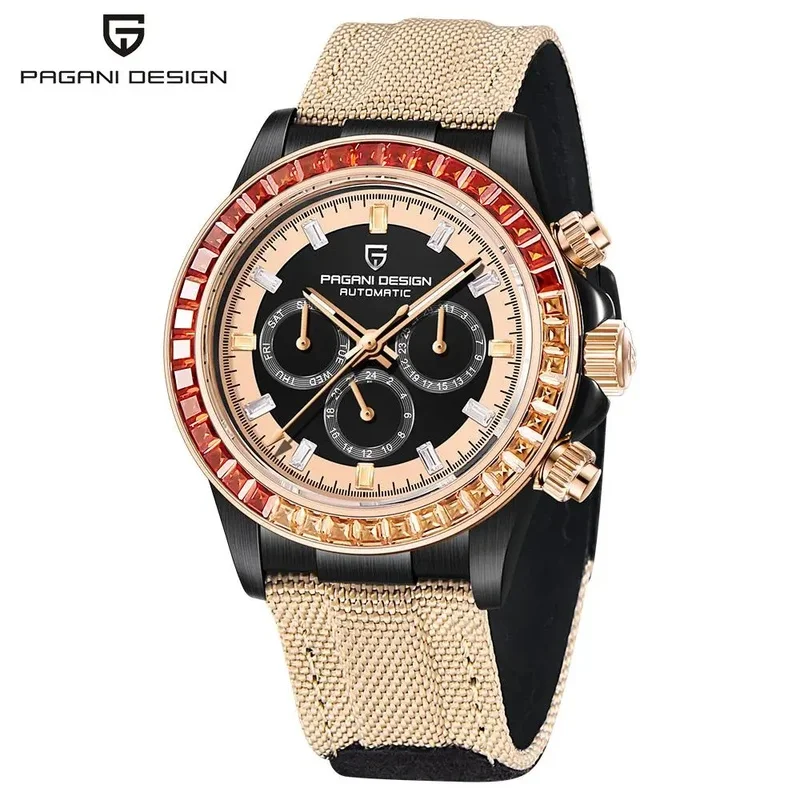 PAGANI DESIGN PD1732 Men's Automatic Mechanical Wristwatch, 40mm Rainbow Bezel Multifunctional Chronograph Sapphire Glass Luxury