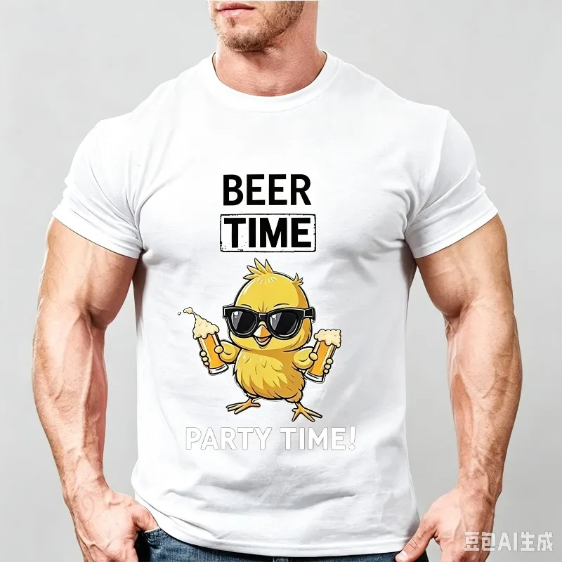 BEER TIME Men’s Cute Chick Beer Graphic T-Shirt Soft Modal Casual Tee for Beer Lover Party Streetwear Gift