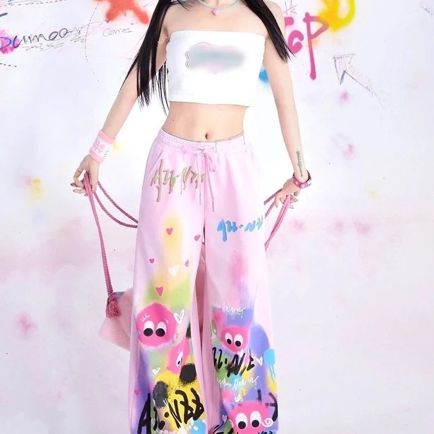 

High Street Leg Pants Colorful Rainbow Graffiti Wide Summer Women Style Loose Casual Pants Slim Spring Girls Floor Length Pants