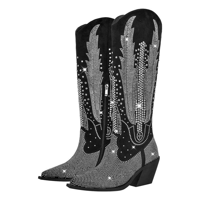 Onlymaker Women Black Knee High Rhinestone Boots Western Cowboy Boots Glitter Bling Shiny Block Heel Handmade Boots