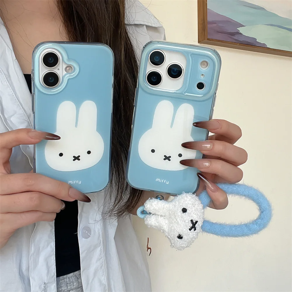 

Korean INS simple rabbit phone case for iPhone 13 14 15 17 Pro 16 Pro Max cover with plush charm Fundas cartoon protective Cases