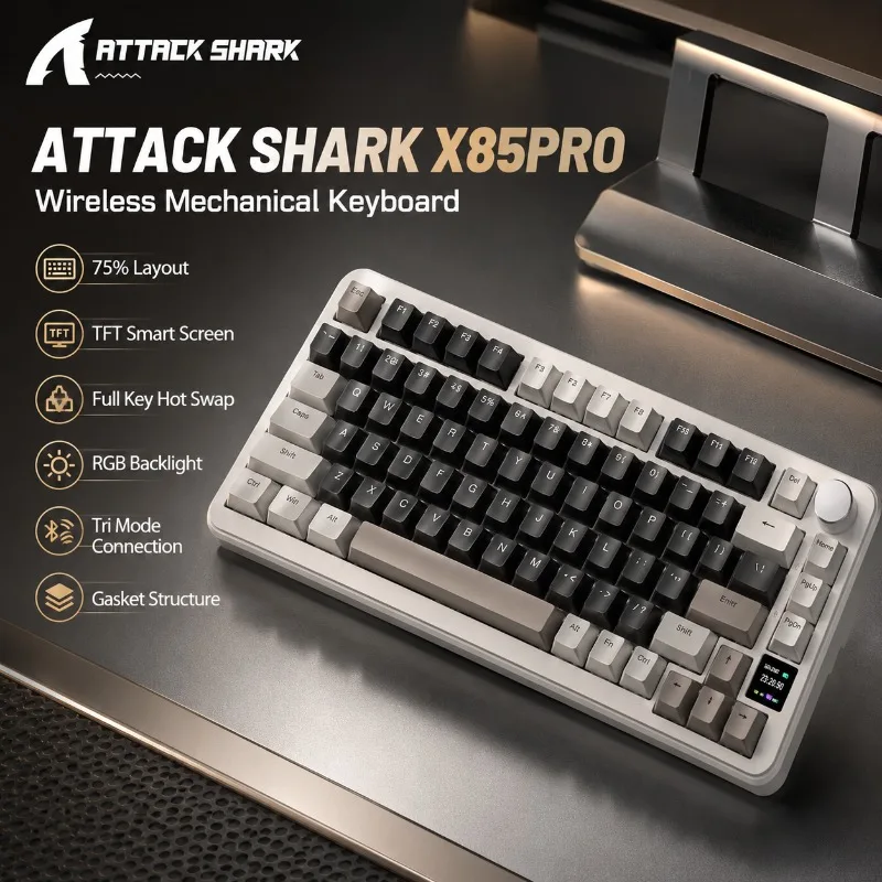 ATTACK SHARK X85PRO Wireless Mechanical Keyboard 75 Percent Tri Mode TFT Screen RGB Hot Swappable Gasket Knob for PC Gaming
