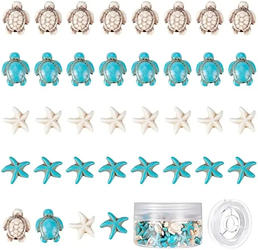 

100Pcs Sea Turtle Beads Turquoise Starfish Bead Synthetic Sea Star Tortoise Charms Ocean Animal Spacer Beads Elastic Thread