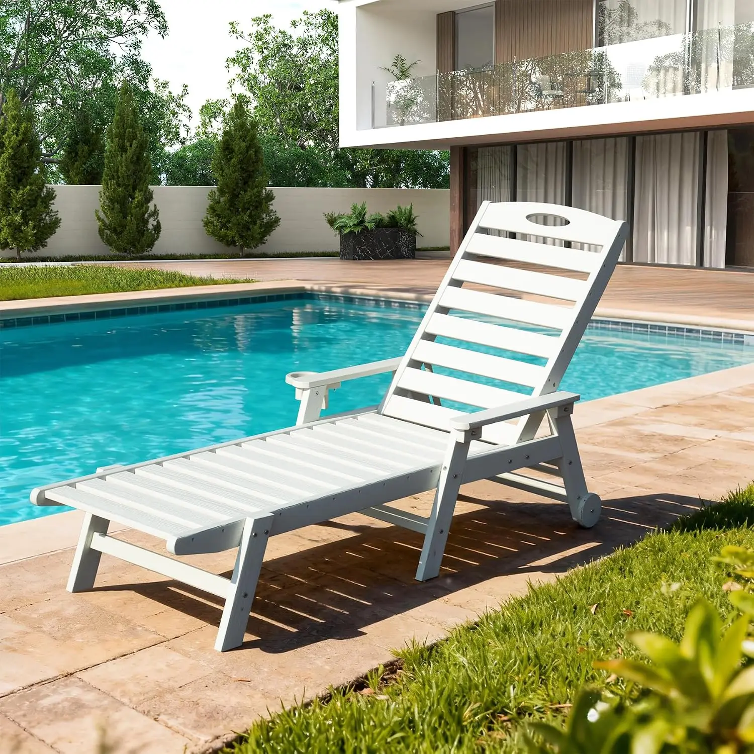 HDPE Outdoor Chaise Lounge Chair Adjustable Poolside Deck Lounger with Wheels Cup Holder All Weather Sunbathing, Customized