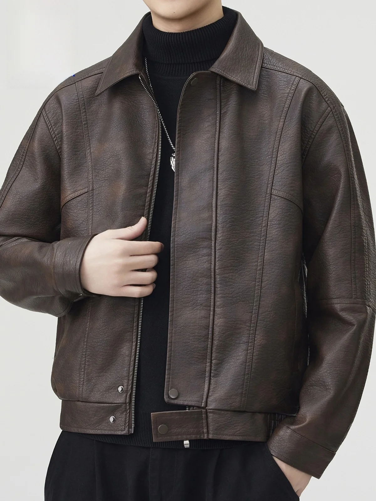 Rn American Sle PU Leather Jaet Men's Autumn Winter New Faion Loose Casual Retro Motorcycle Collar Jaet Coat