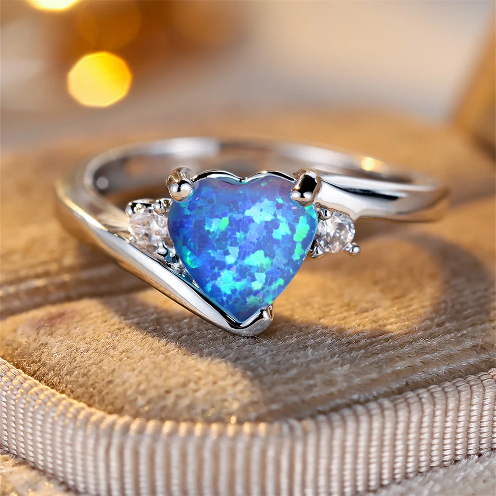 Blue White Opal Love Heart Stone Rings For Women Classic Silver Color Wedding Band Engagement Promise Jewelry Mother's Day Gifts