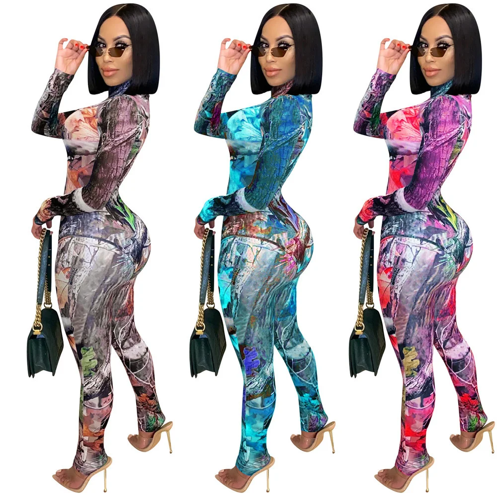 Sexy Mesh Sheer 2 Piece Set Mulheres Festival Vestuário Bodysuits Top Leggings Imprimir Conjuntos de Correspondência Two Piece Club Aniversário Outfits