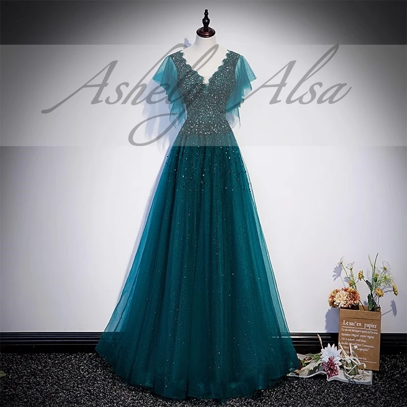 Real Picture Hunter Green Evening Dresses Formal Wear V Neck Beaded Top A Line Long Mother Of Bride Wedding Party Dress Prom