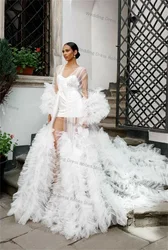 White Prom Dress For Photoshoot 2 Pieces Slip Dress+Long Evening Gowns Sexy Tiered Ruffles Tulle Party Dresses Custom Made