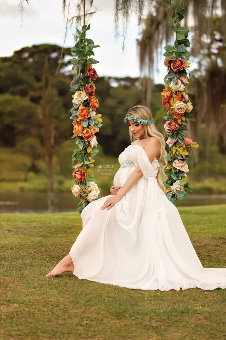 Chiffon Maternity Photography Props Dress With Sashes Maternity Gowns  Maternity Photo Shoot Trailing Long Dress Flying Sleeves