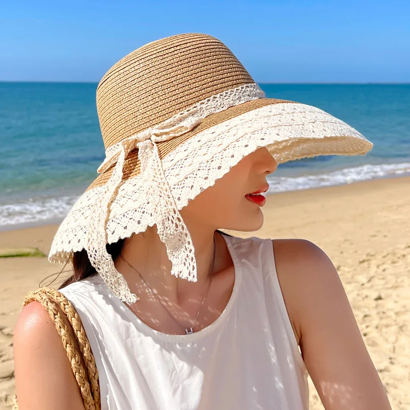 Summer Sun Hat Women Beach Lace Bow Straw Hat Panamas UV Protection Sun Visor COOL Seaside Beach Hat