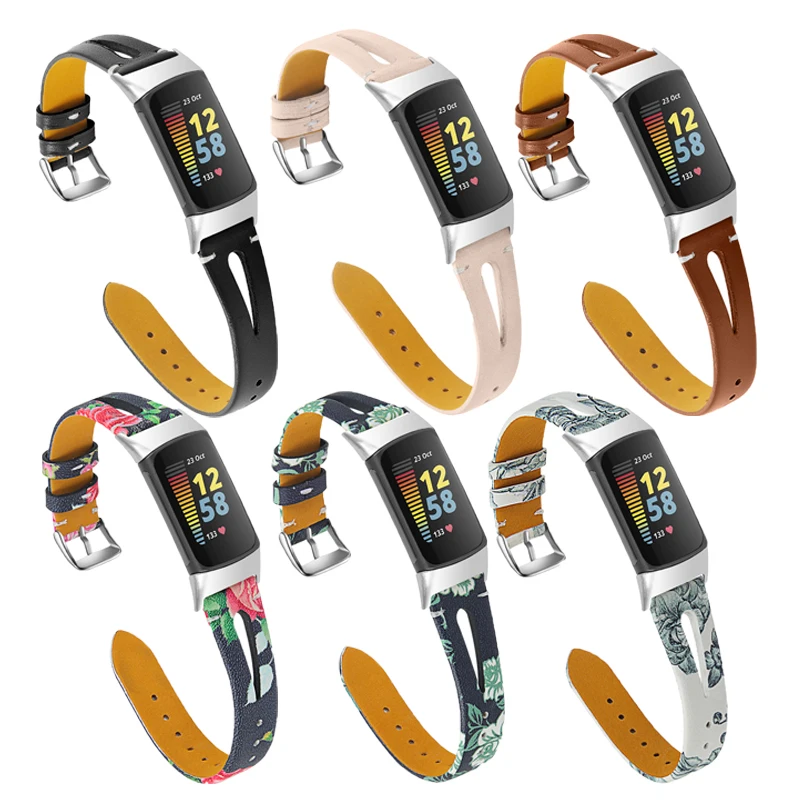 Leather Band For Fitbit Charge 5 Strap Replacement Breathable Printing Women Men Bracelet Correa For Fitbit Charge 6 5 Watchband