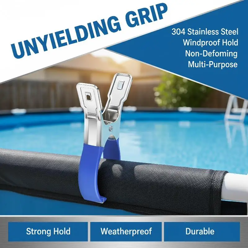 2026 NEW 6/12Pcs Pool Cover Clips Stainless Steel Blue Plastic Handles Windproof Spring Clamps for Above Ground Pool Photography