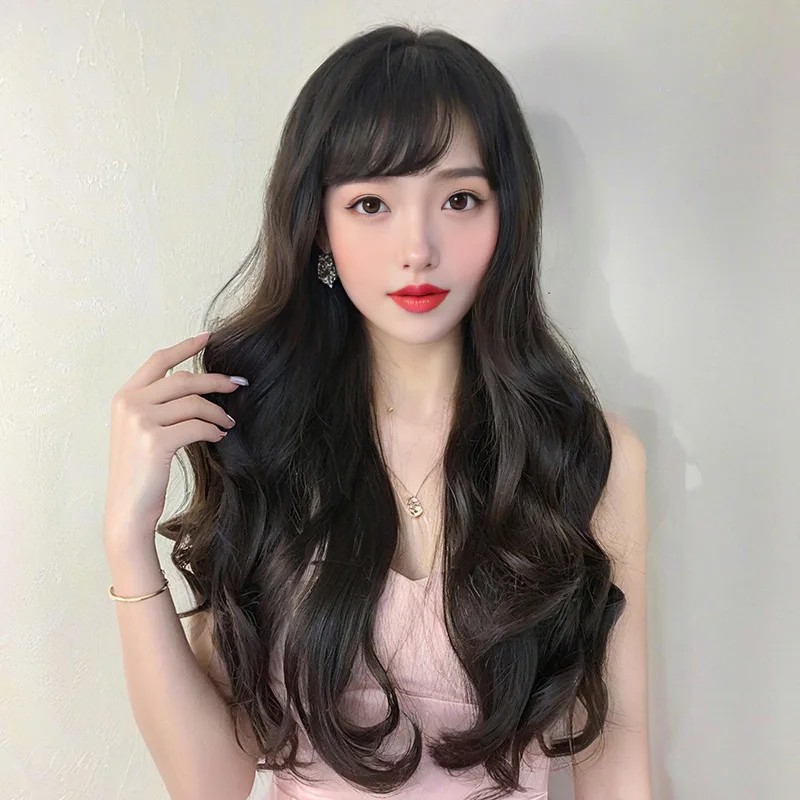 

Korean and Japanese style side-swept bangs long wavy synthetic hair wig