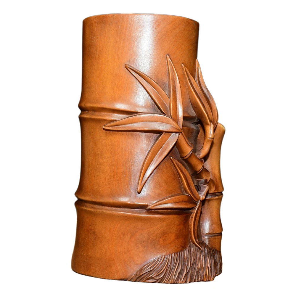 Porte-stylo en bois de buis chinois sculpté, feuille de bambou, décor de bureau, Aspiration, intégrité, modestie, Perséverance, élégance