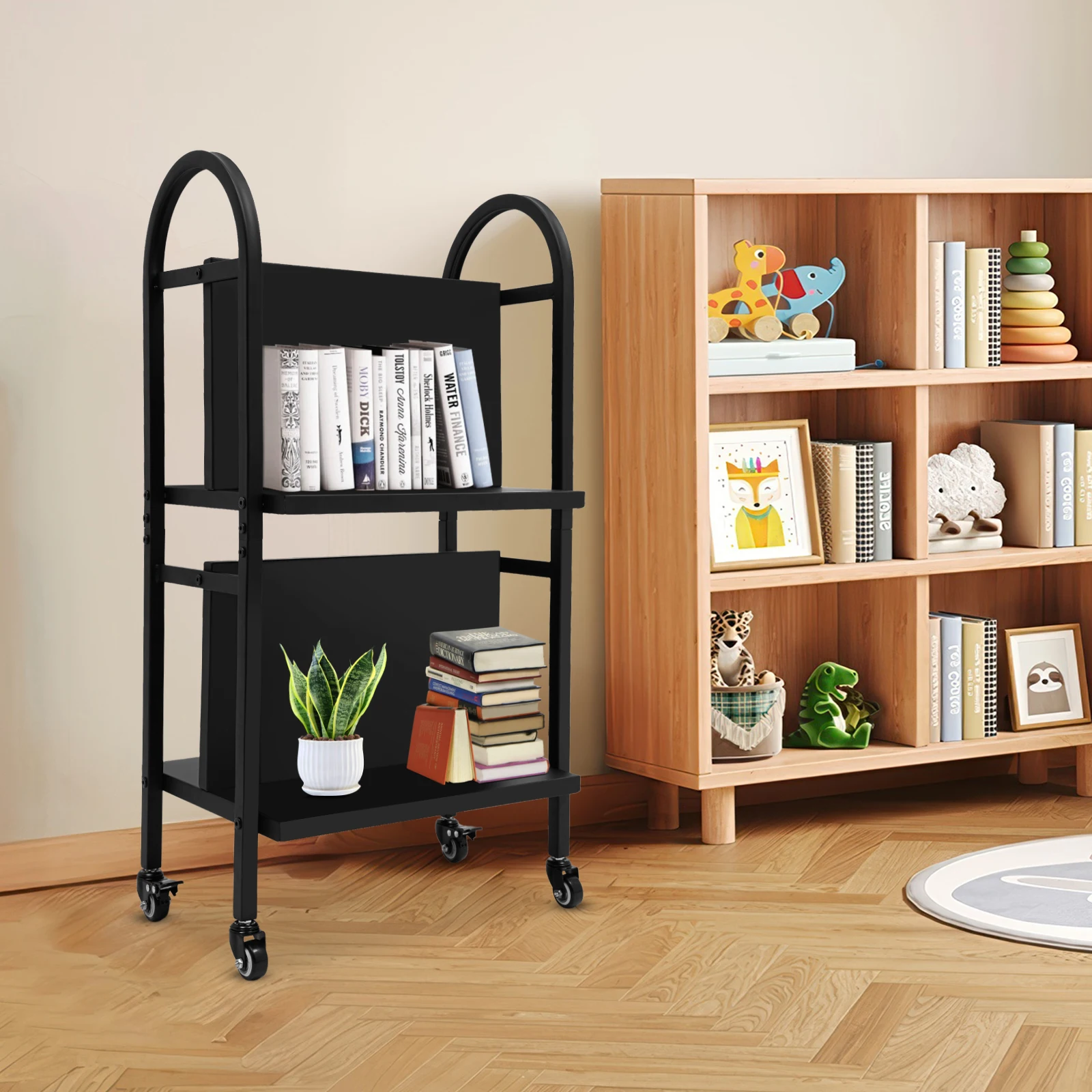 2 Tiers Rolling Library Book Cart Capacity Double Sided for Easy Organization - Sturdy, and Versatile Office