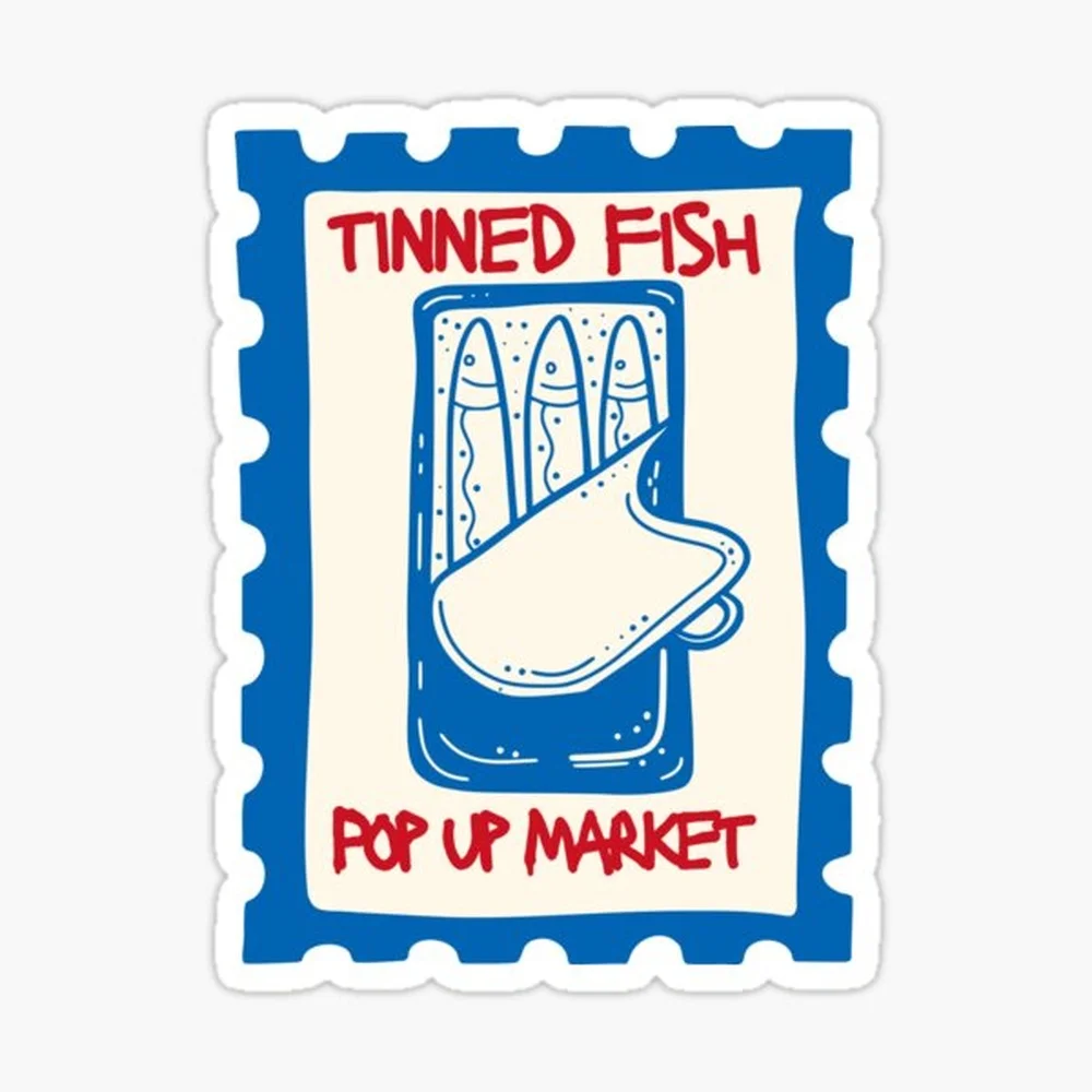 Tinned Fish Pop Up Market Sardines Stamp | Seafood Design Sticker for Laptop Decor Bedroom Car Cute Cartoon Art Fashionable Publ