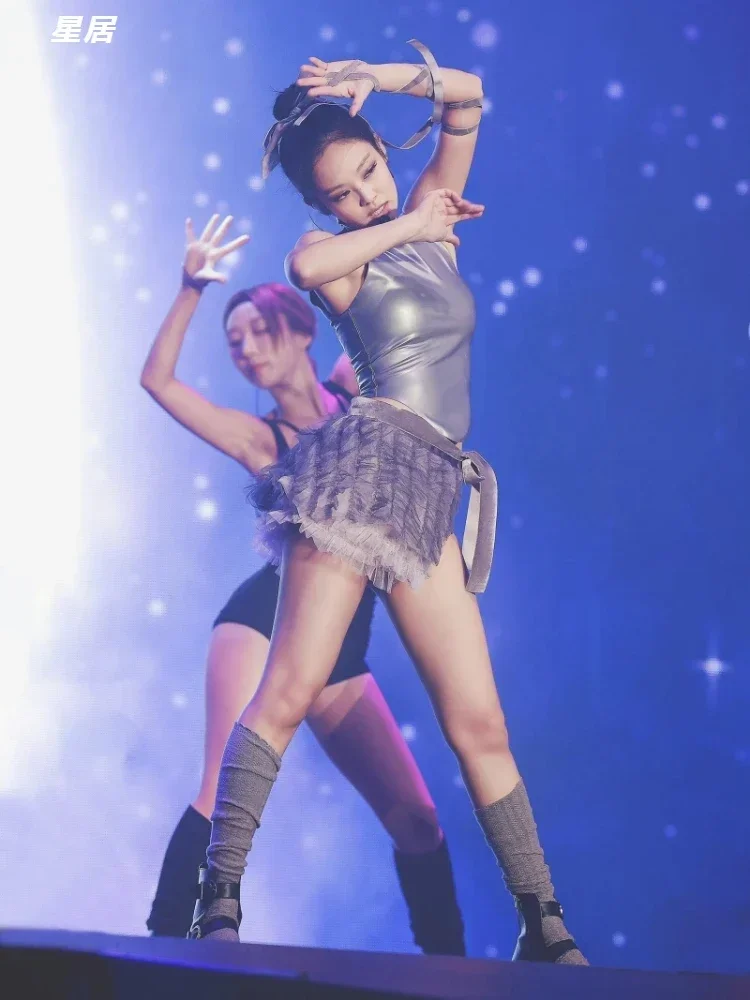 Kpop Jennie Singer Jazzdans Mouwloos Vest Crop Tops Concertoutfits Vrouwen Sexy Veterrok Toneelkostuum Festivalkleding