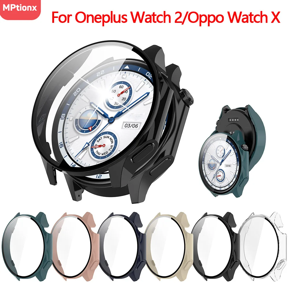 Funda de PC + cristal para reloj inteligente Oneplus 2, cubierta protectora de parachoques envolvente de vidrio templado para Oppo Watch X, accesorios