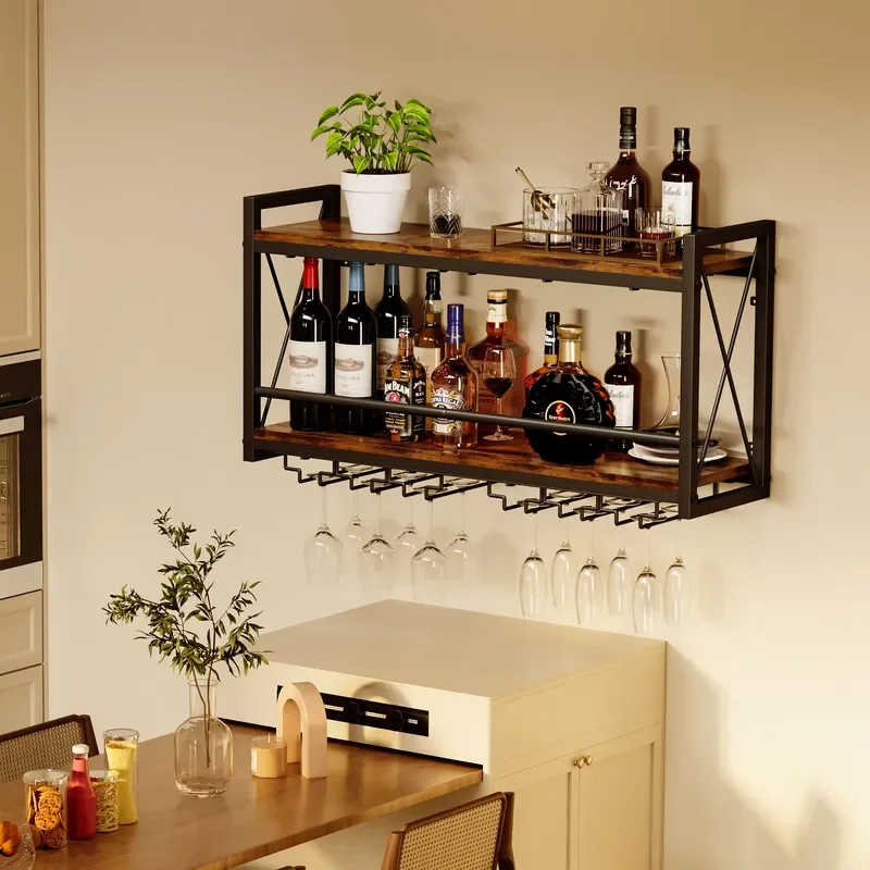 Hot Sale Wall Mounted Wine Display Storage Rack with Glass Holder - Modern Wood and Metal Wine Shelf for Home