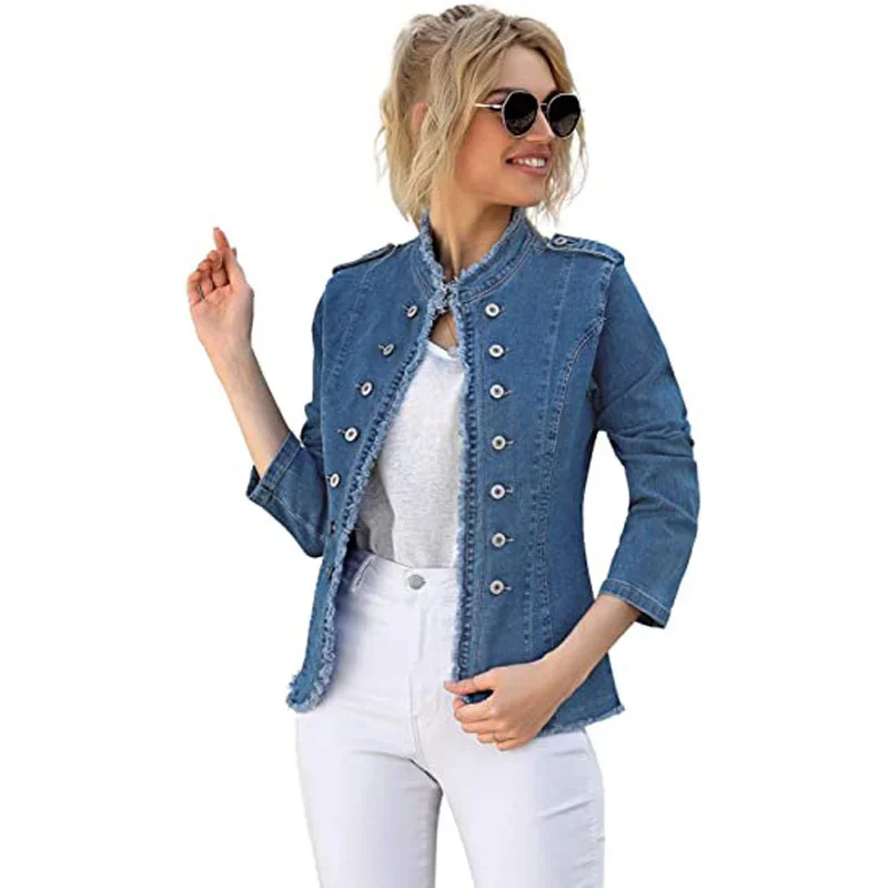 Women Vintage American Style Denim Jacket Spring Autumn Ladies Casual Slim Fit Single Breasted Long Sleeve Thin Jean Coat 2025