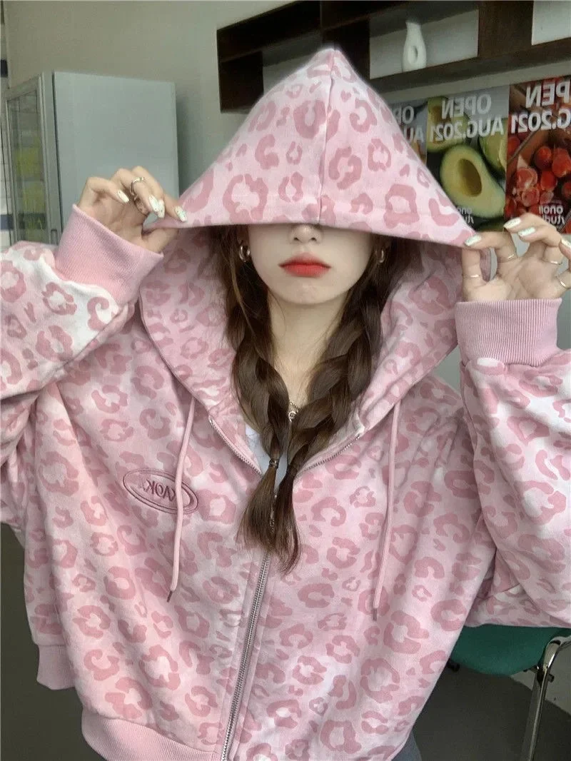 Rosa zip hoodie y2k harajuku streetwear leopardo impressão senhoras hip hop moda zíper solto casual manga longa topo feminino ulzzang