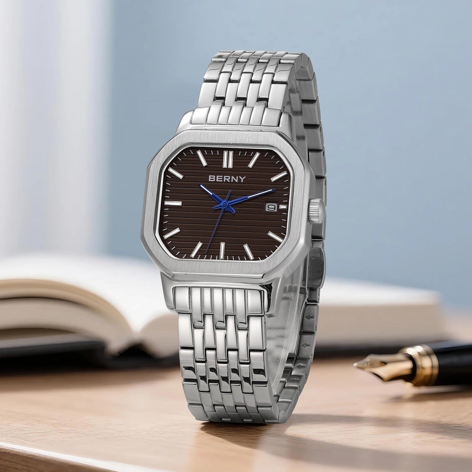 BERNY Men's  Watches Luminous Elegant Fashion Date Dress Quartz Watch Rectangle Dial Calendar Casual Business Wristwatch