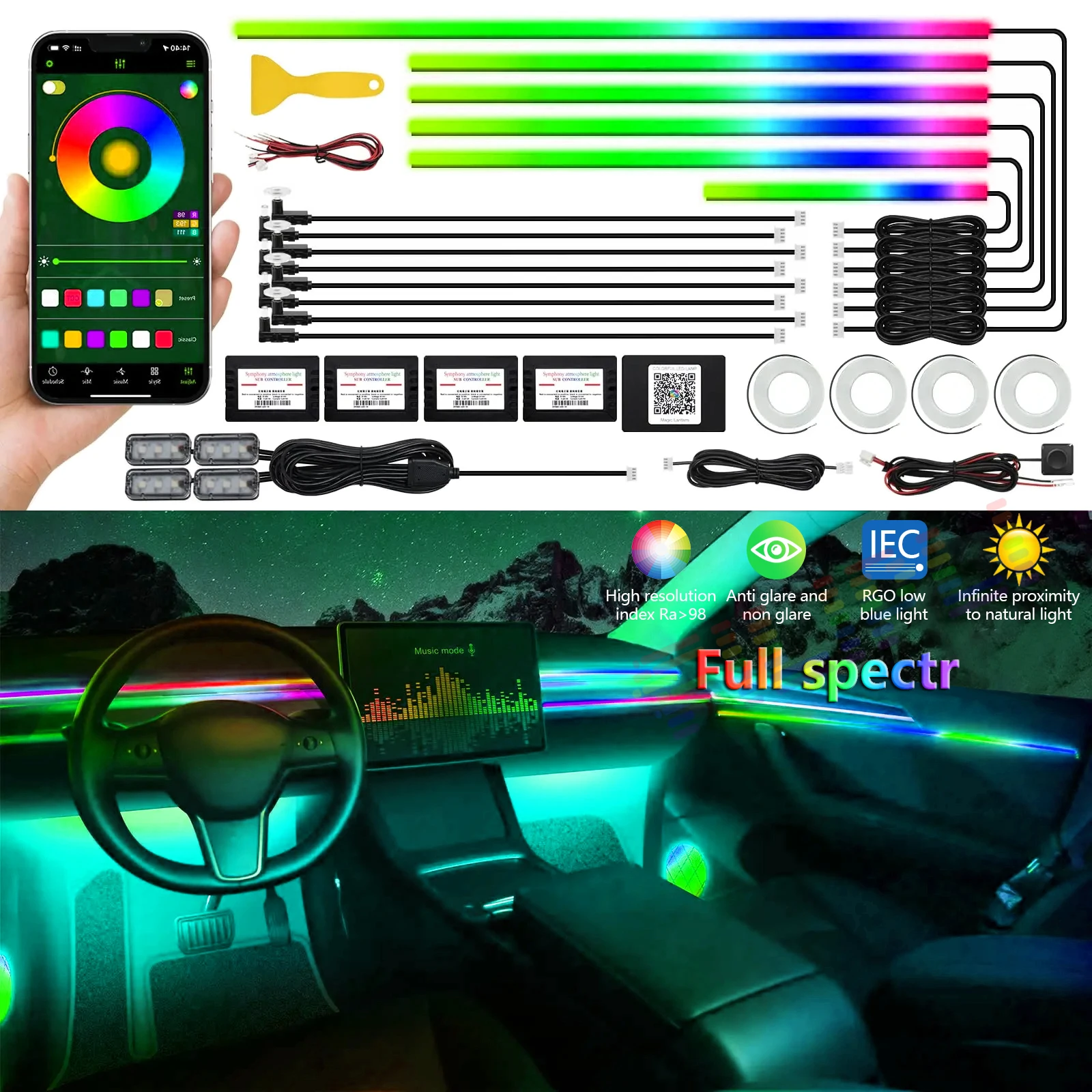 FILIPLI 2024 Full Universal Symphony Car LED Ambient Lights Decoration Atmosphere Lamp 64 RGB Colorful Streamer Rainbow App